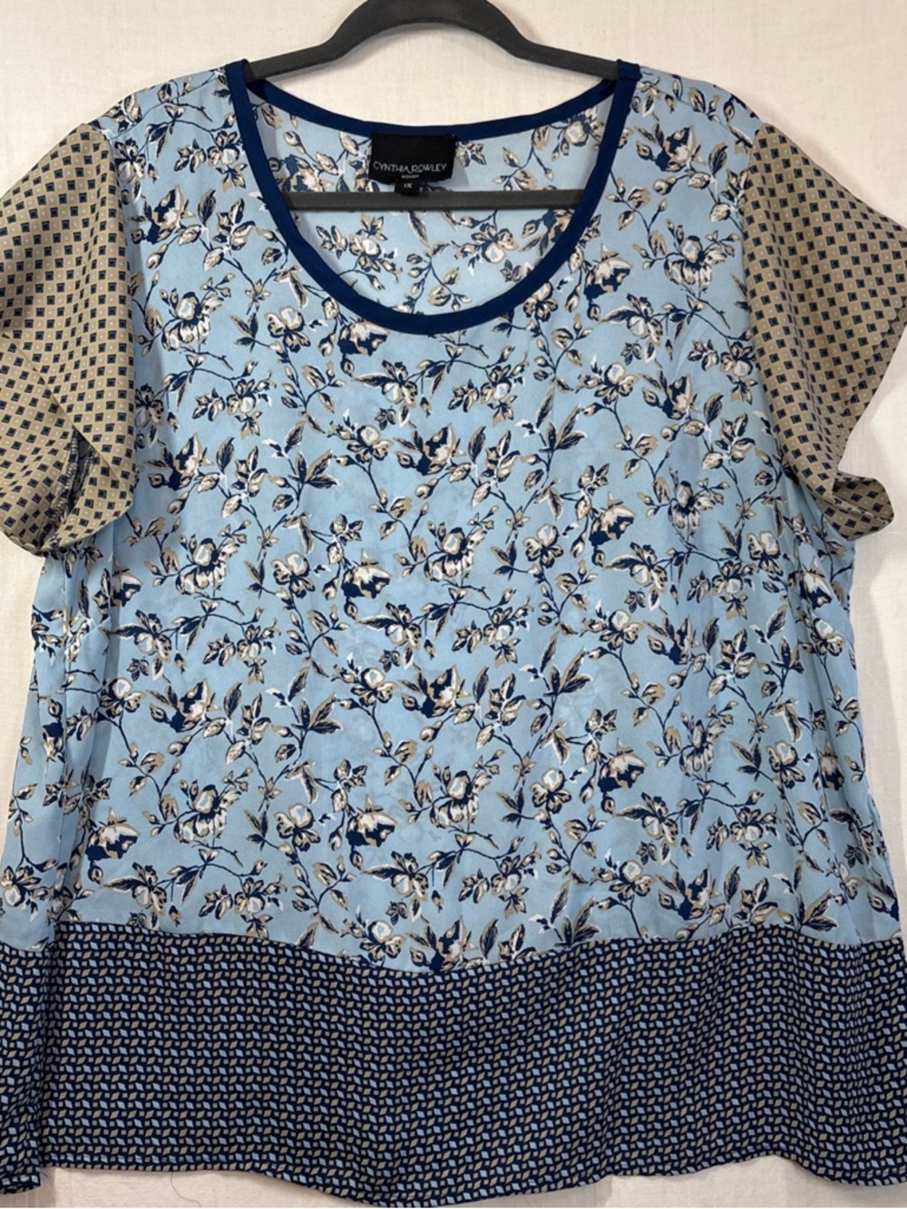 Cynthia Rowley Blue Floral Mixed-Print Short Sleeve Tee